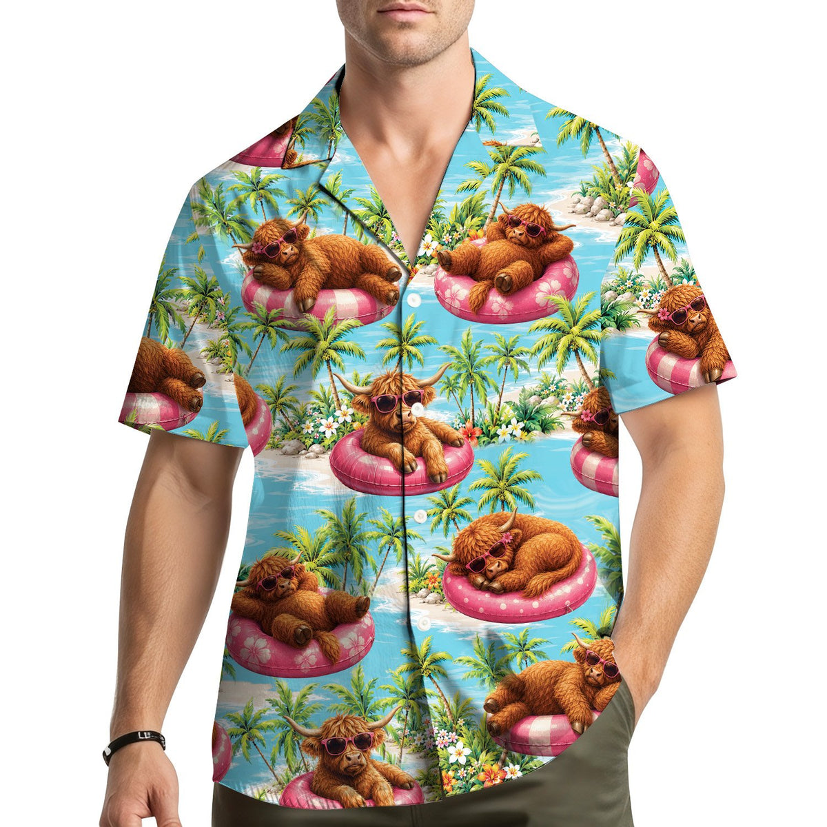 Lifestyle view showing the tropical highland cow hawaiian shirt worn on a sunny day