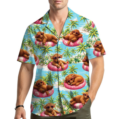 Lifestyle view showing the tropical highland cow hawaiian shirt worn on a sunny day