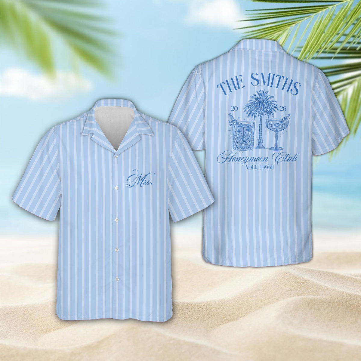 Front view of the light blue striped tropical honeymoon hawaiian shirt