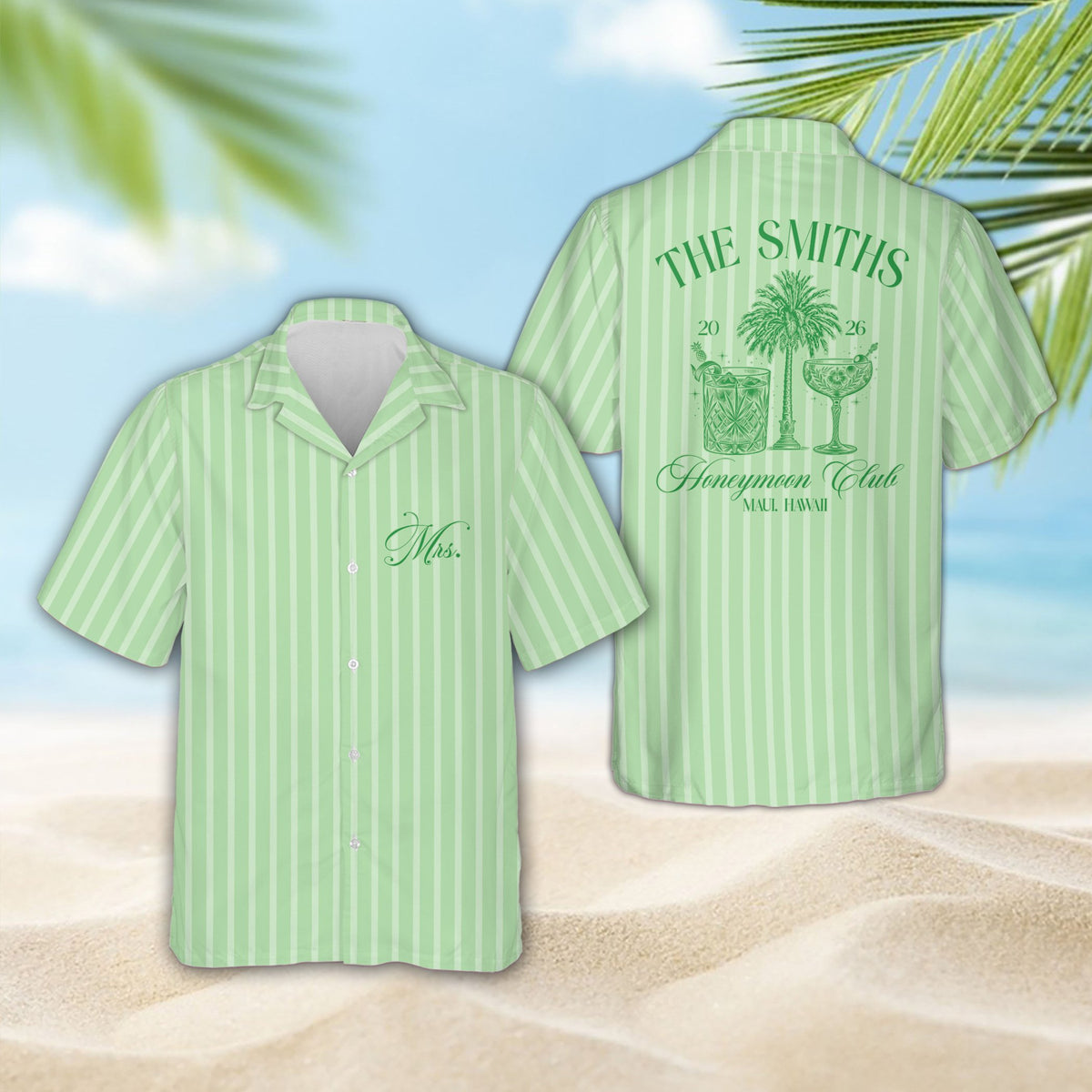 Front view of the green striped tropical honeymoon hawaiian shirt