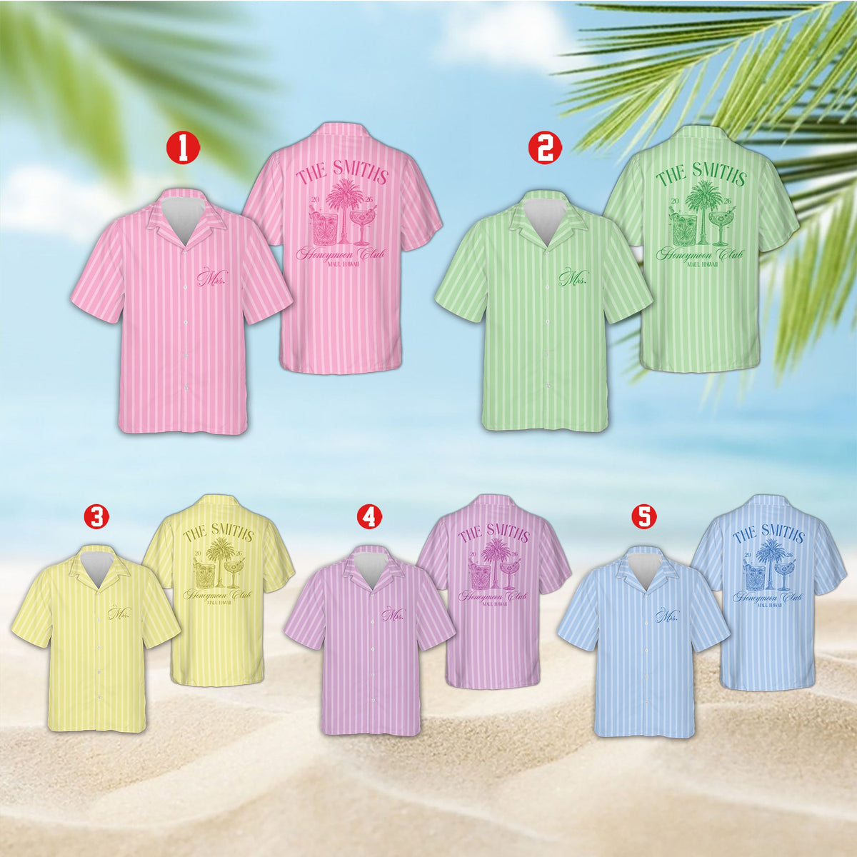 Front view of the pastel multicolor striped tropical honeymoon hawaiian shirt