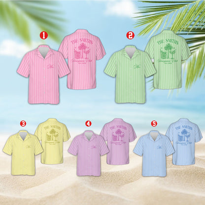 Front view of the pastel multicolor striped tropical honeymoon hawaiian shirt