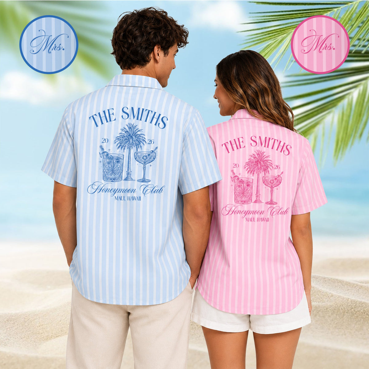 A couple enjoying their vacation in matching family hawaiian shirts