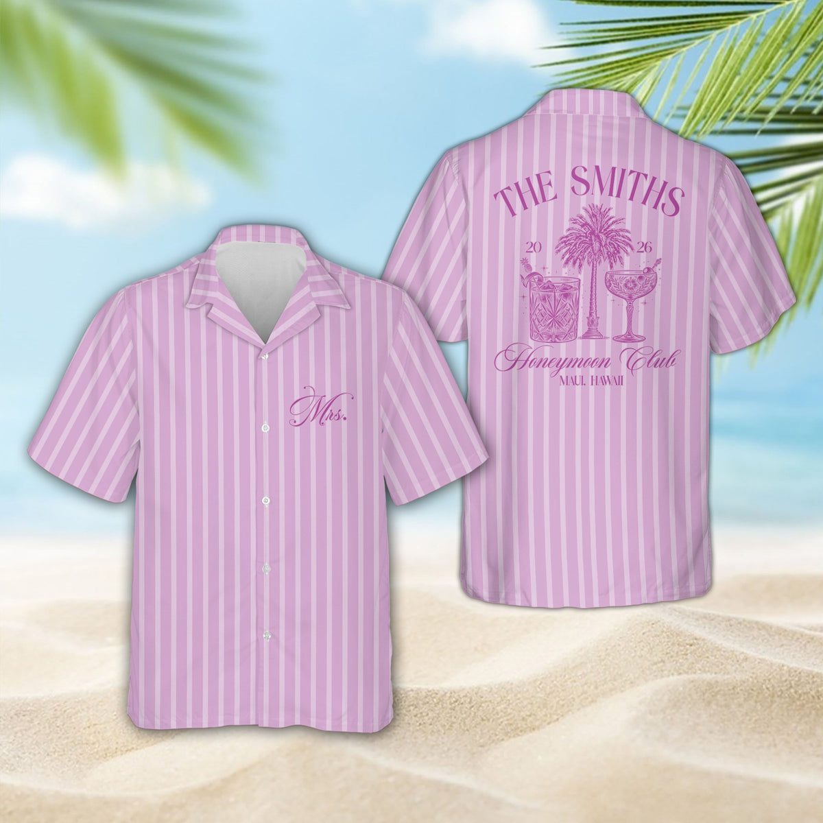 Front view of the purple striped tropical honeymoon hawaiian shirt