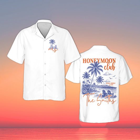 White honeymoon hawaiian shirt with custom front and back design, main view