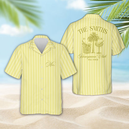Front view of the yellow striped tropical honeymoon hawaiian shirt