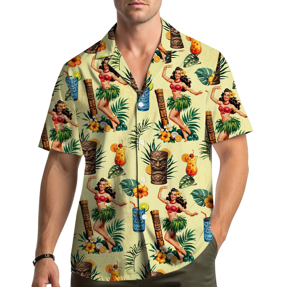 Third back view of tropical tiki mask hawaiian shirt