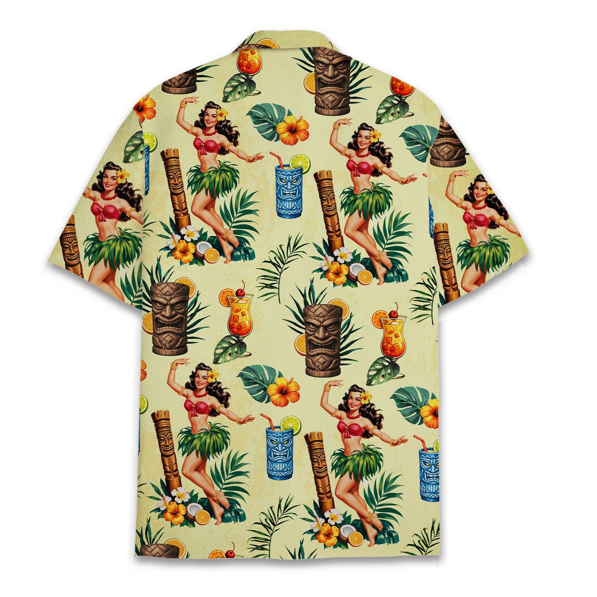Back view of tropical hula hawaiian shirt in beige
