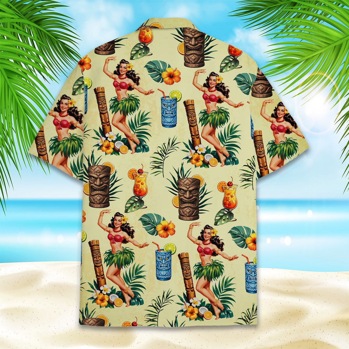 Third front view of tropical hula button down