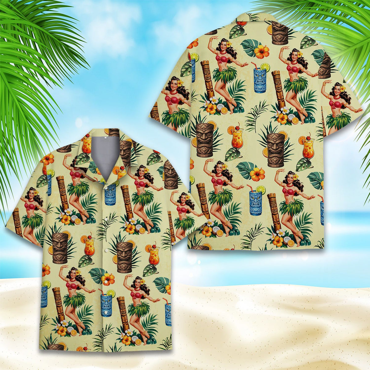 Fourth front view of beige hula dancer hawaiian shirt