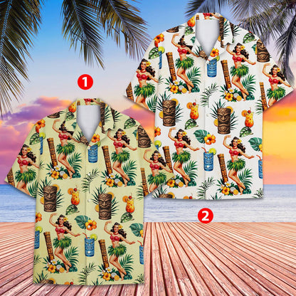 Front view of beige tropical hula hawaiian shirt