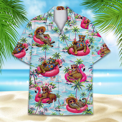 Front view detail of the tropical leopard hawaiian shirt