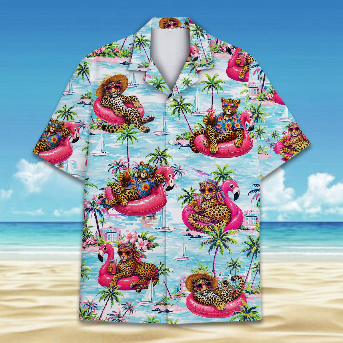 Close up front view of the leopard and flamingo float pattern