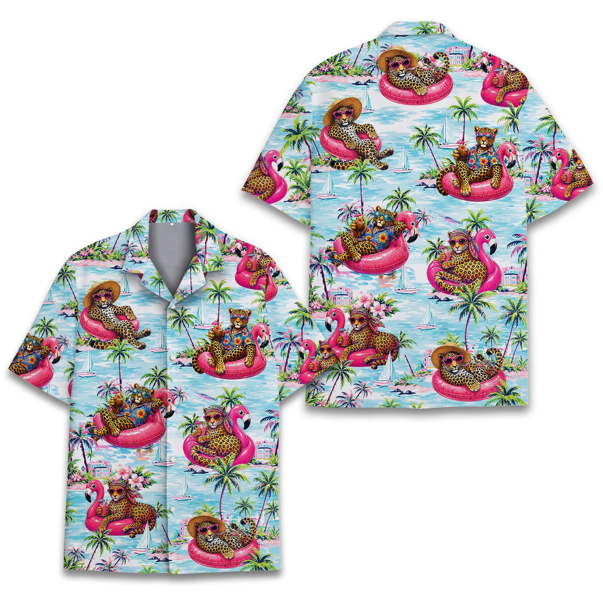 Back view of the tropical leopard hawaiian shirt