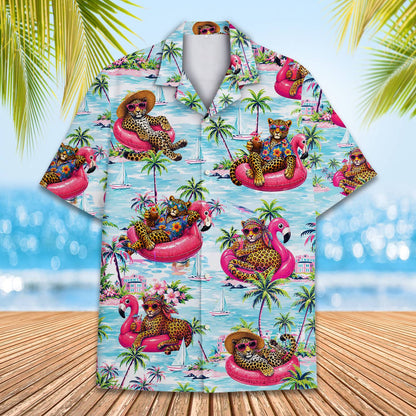 Main view of the tropical leopard hawaiian shirt featuring leopards on flamingo floats