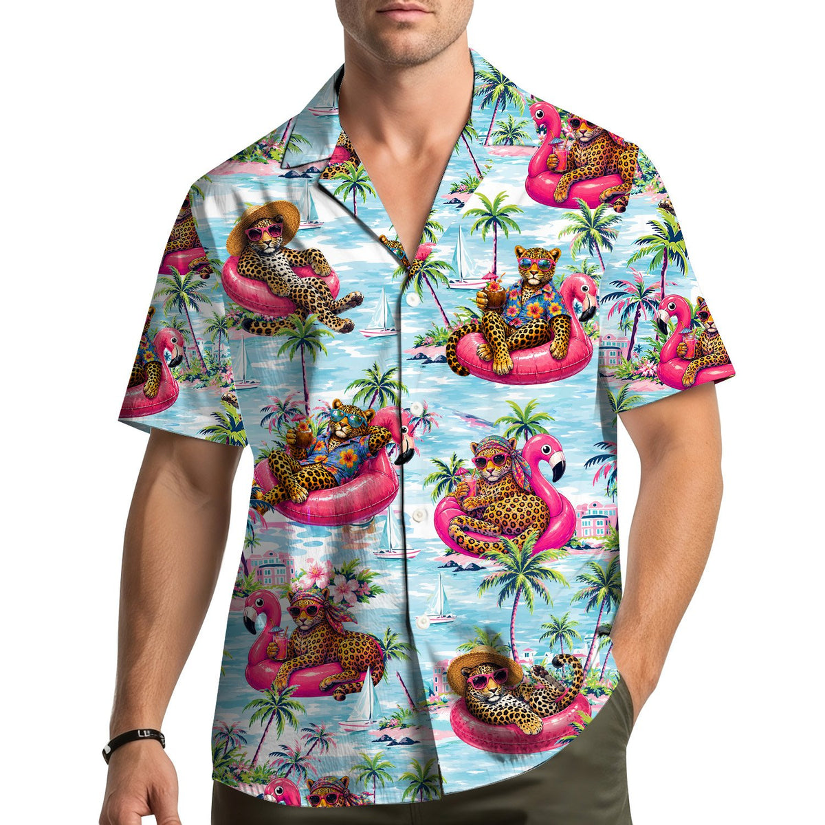 Second lifestyle view wearing the tropical leopard hawaiian shirt