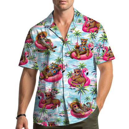 Second lifestyle view wearing the tropical leopard hawaiian shirt