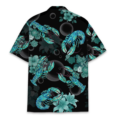 Back view of black hawaiian shirt featuring blue lobsters and bubbles