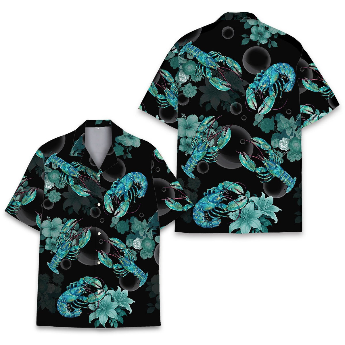 Matching family hawaiian shirt in tropical lobster design on black background, front view
