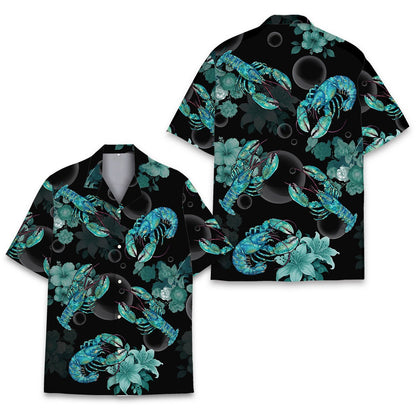 Matching family hawaiian shirt in tropical lobster design on black background, front view