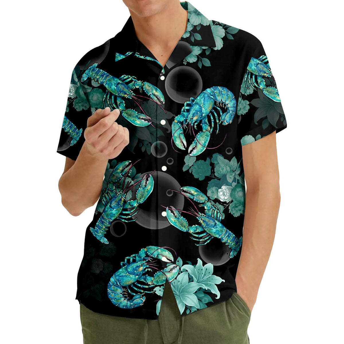 Another lifestyle view showing the tropical lobster hawaiian shirt worn outdoors