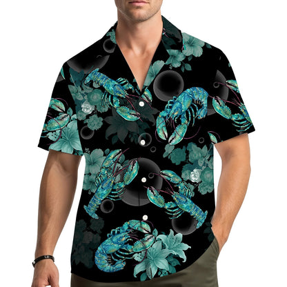 Lifestyle view of matching family hawaiian shirts in tropical lobster print