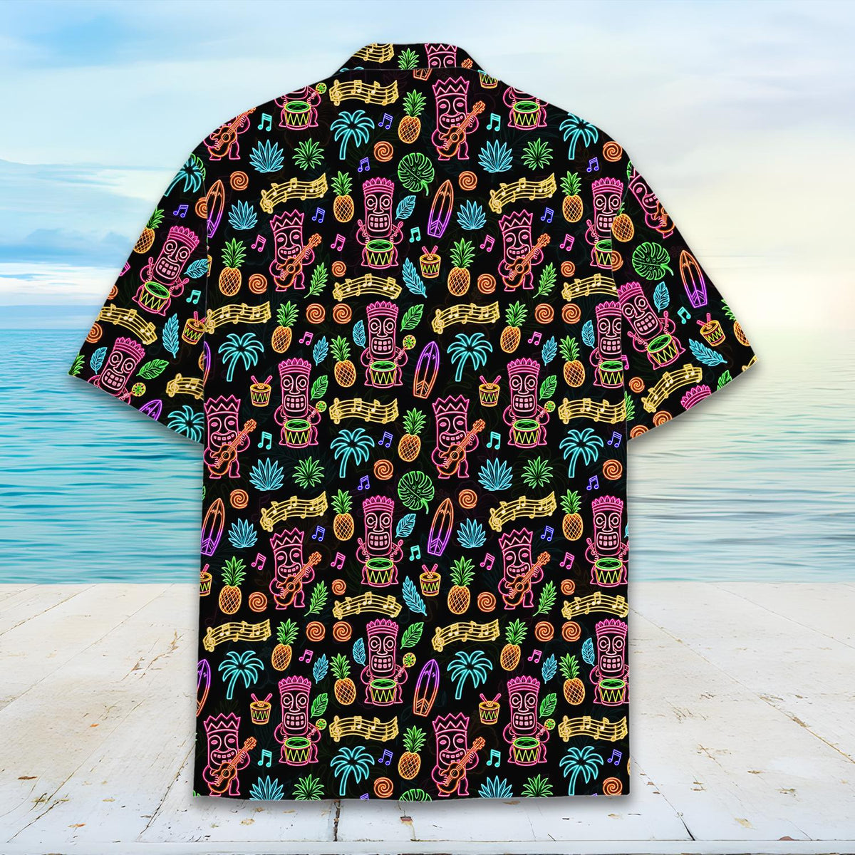 Neon-style tropical luau Hawaiian shirt flat back view