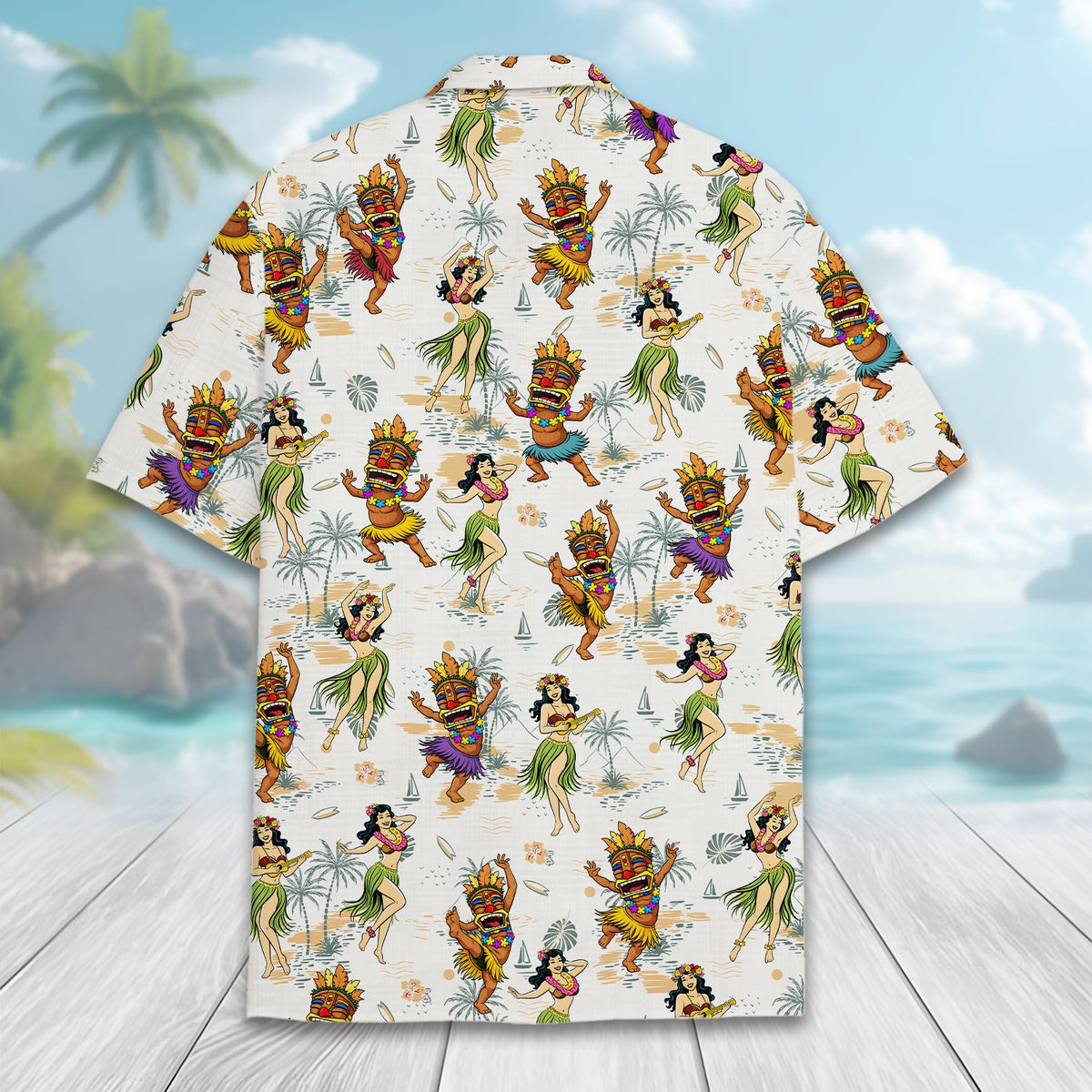 Close up back view of the vibrant hawaiian shirt pattern