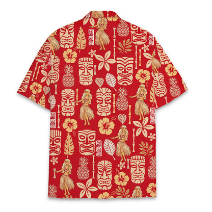 Back view of the matching family hawaiian shirt in red and beige tropical print