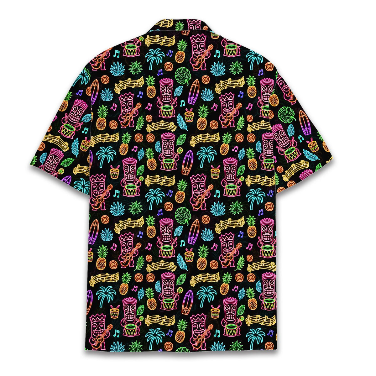 Neon-style tropical luau Hawaiian shirt back view
