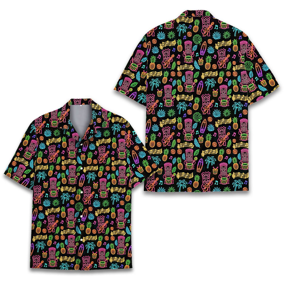 Neon-style tropical luau Hawaiian shirt flat front view