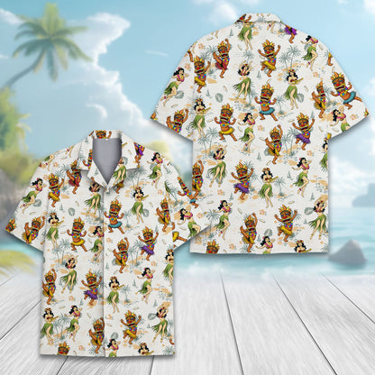 Close up front view of the tropical luau hawaiian shirt pattern