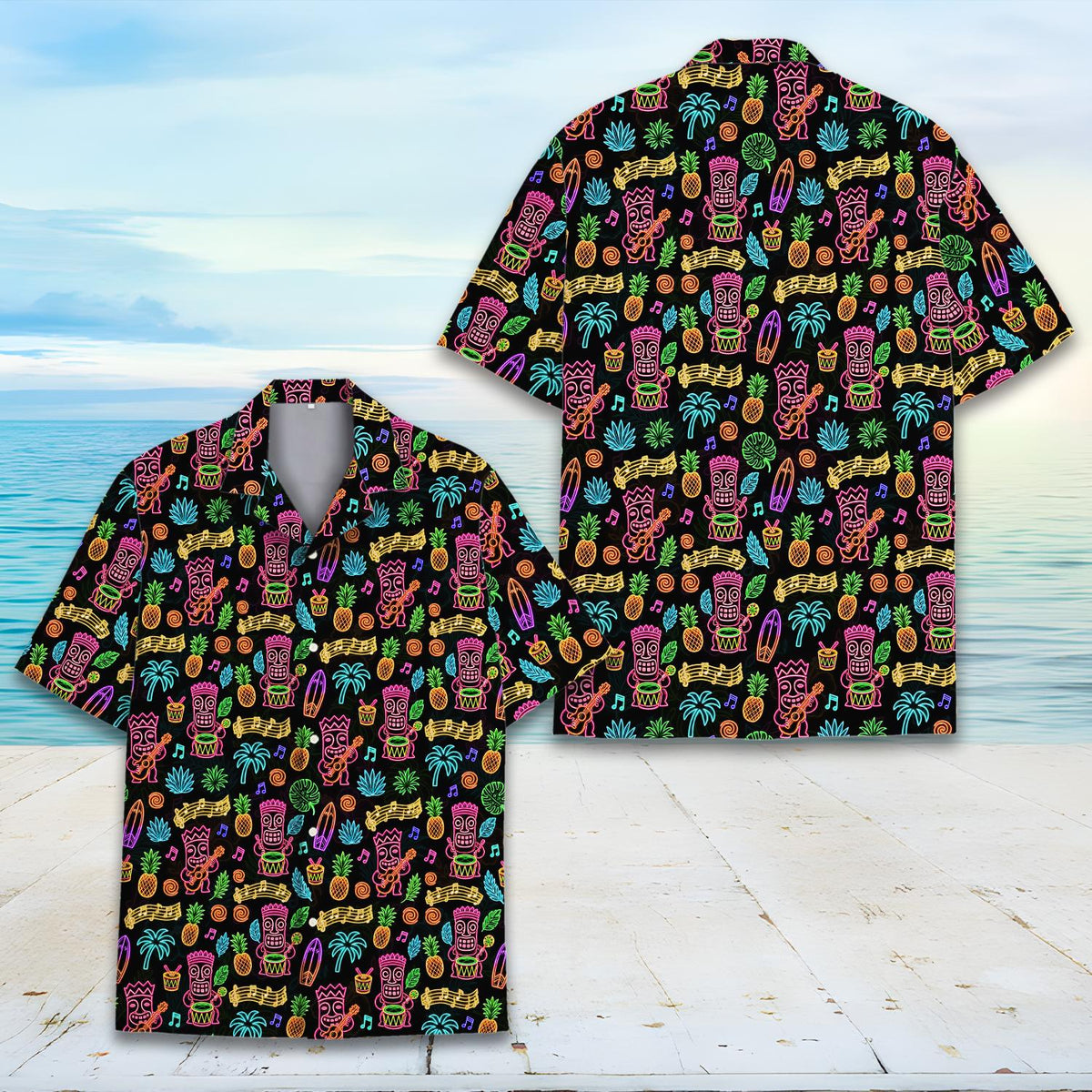 Neon-style tropical luau Hawaiian shirt front close-up