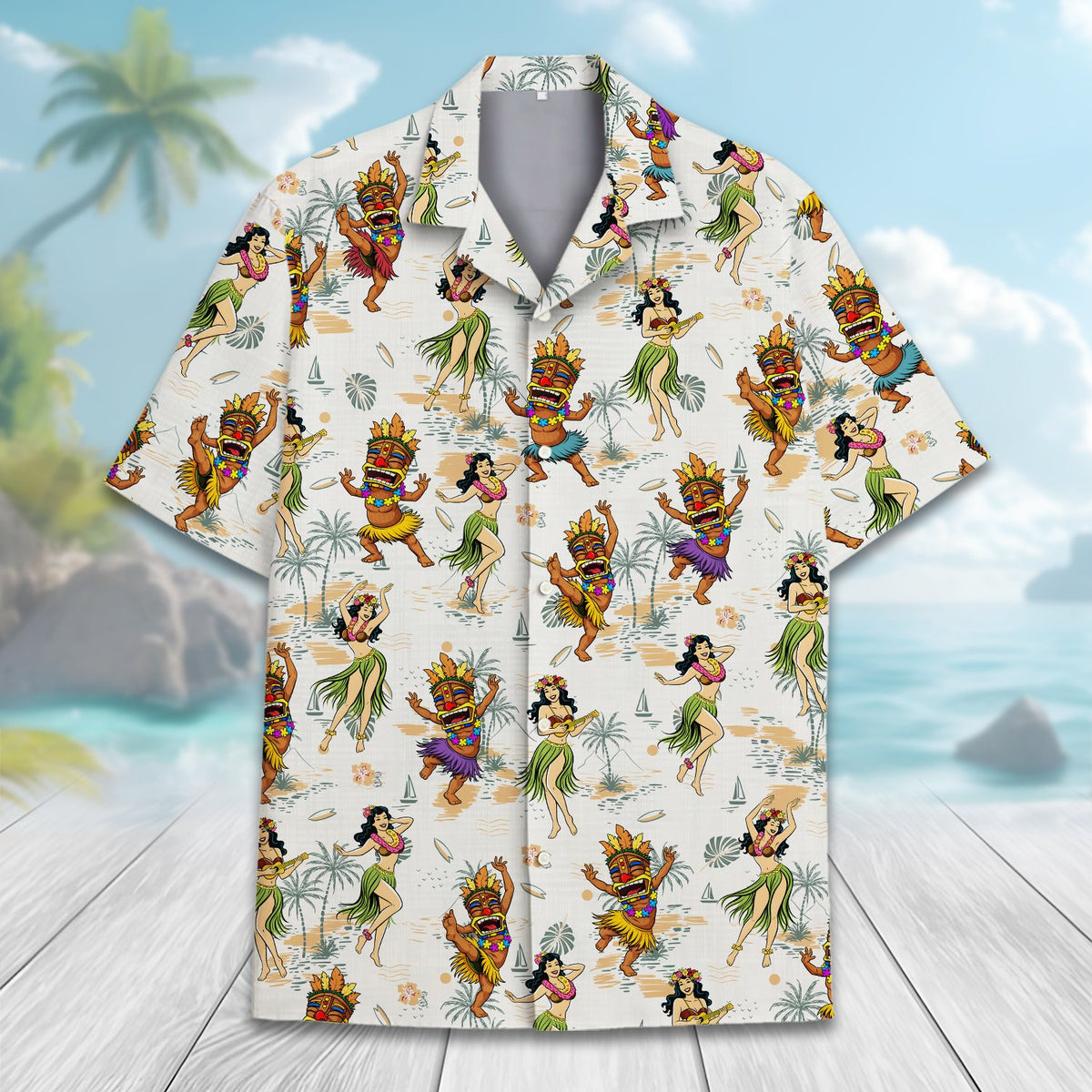 Detailed view of the hula dancers and palm trees on the front of the hawaiian shirt