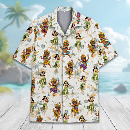 Detailed view of the hula dancers and palm trees on the front of the hawaiian shirt