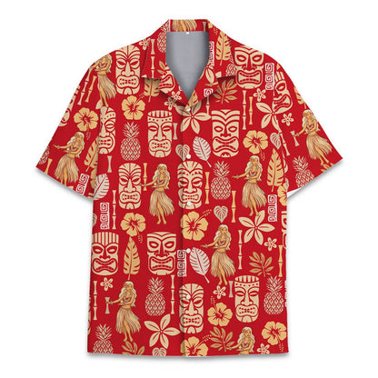 Front view of the red tropical luau hawaiian shirt featuring beige tiki masks and hula dancers