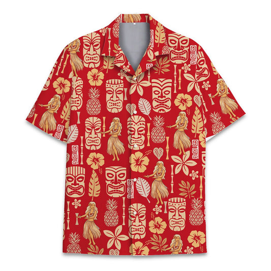 Front view of the red tropical luau hawaiian shirt featuring beige tiki masks and hula dancers