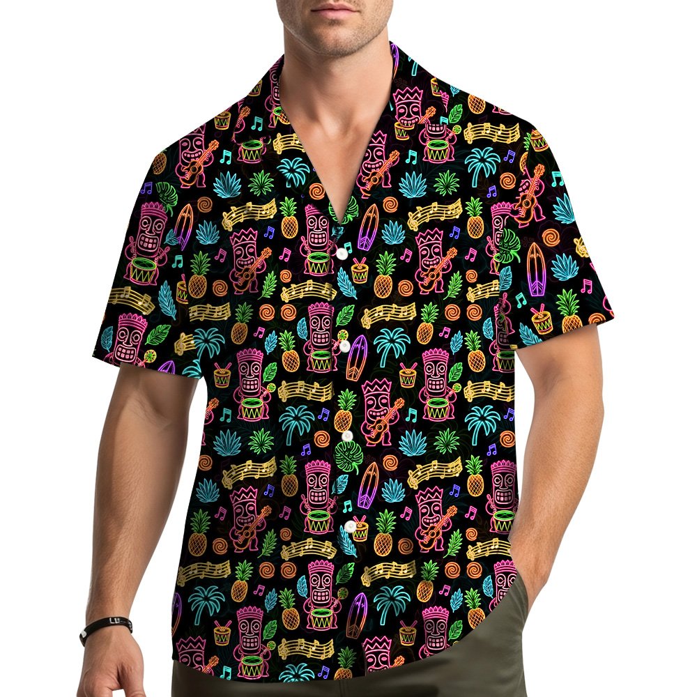 Neon-style tropical luau Hawaiian shirt with tiki masks on a black background, front view