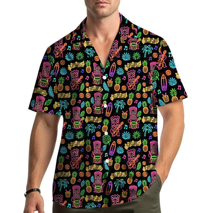 Neon-style tropical luau Hawaiian shirt with tiki masks on a black background, front view