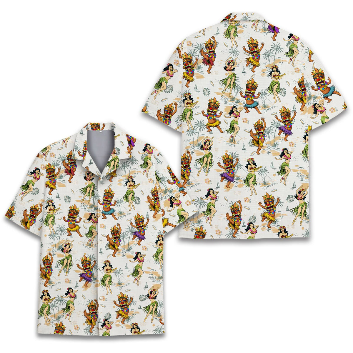 Tropical luau hawaiian shirt featuring hula dancers and tiki masks, front view