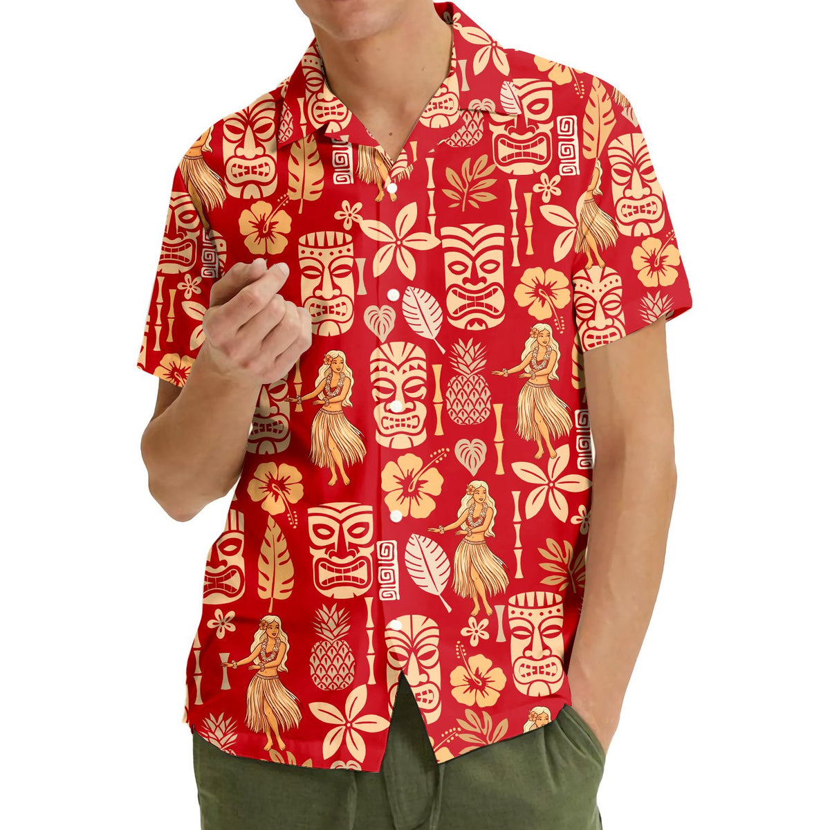 Lifestyle image of a person smiling in the red luau hawaiian shirt during summer