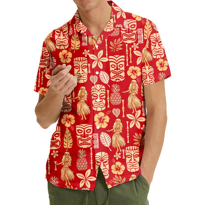 Lifestyle image of a person smiling in the red luau hawaiian shirt during summer