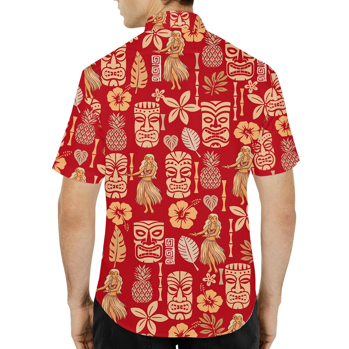 Additional lifestyle view highlighting the vibrant red and beige tropical pattern on the hawaiian shirt