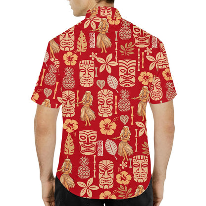 Additional lifestyle view highlighting the vibrant red and beige tropical pattern on the hawaiian shirt