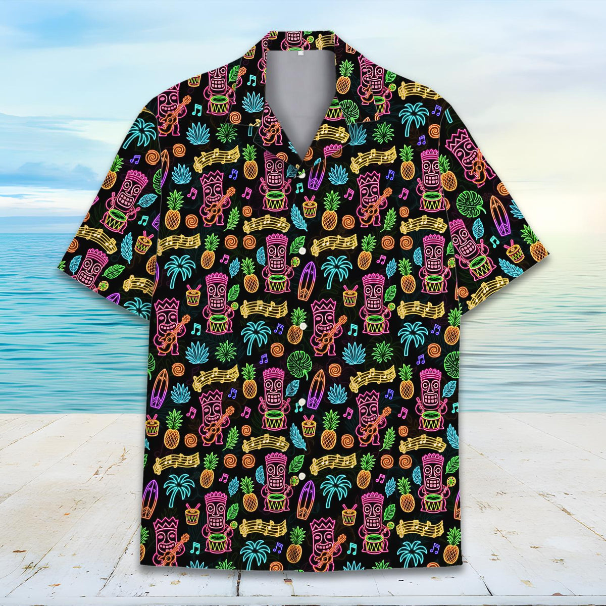 Group wearing matching family Hawaiian shirts with neon luau design