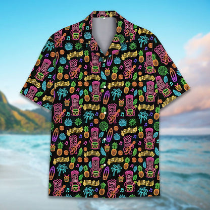Lifestyle shot of the tropical luau Hawaiian shirt at a summer gathering
