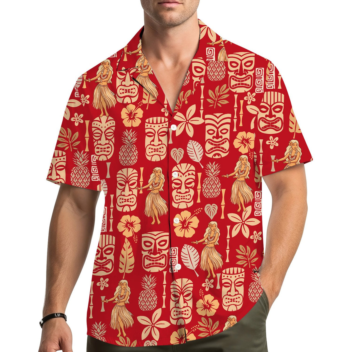 Lifestyle image showing a family wearing matching red tropical luau hawaiian shirts outdoors