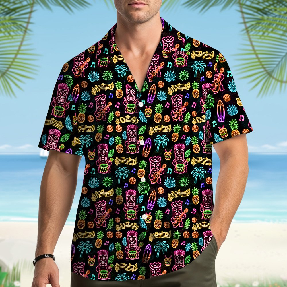 Person wearing the neon-style tropical luau Hawaiian shirt outdoors