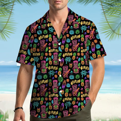 Person wearing the neon-style tropical luau Hawaiian shirt outdoors