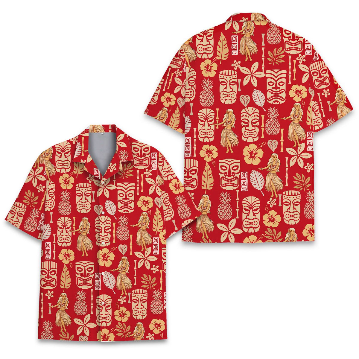 Close-up detail view of the hibiscus and pineapple pattern on the tropical hawaiian shirt
